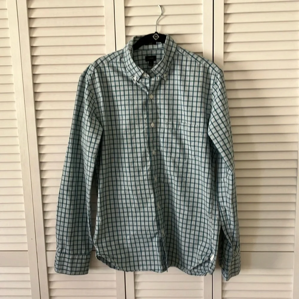 J Crew button-down Oxford teal green plaid shirt size M slim fit